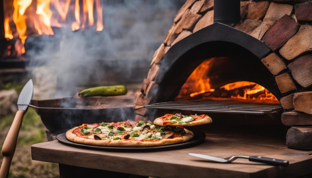 wood-fired pizza in outdoor oven