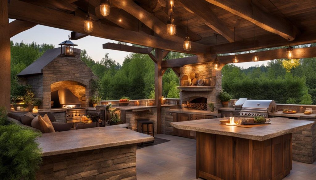 Seating and dining area in a rustic outdoor kitchen