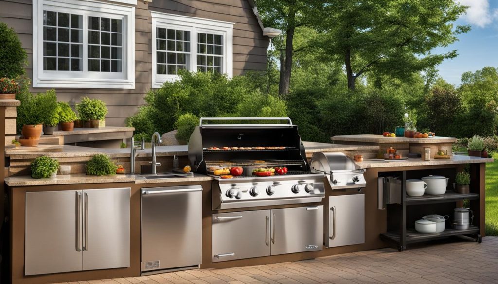 outdoor kitchen with grill and accessories