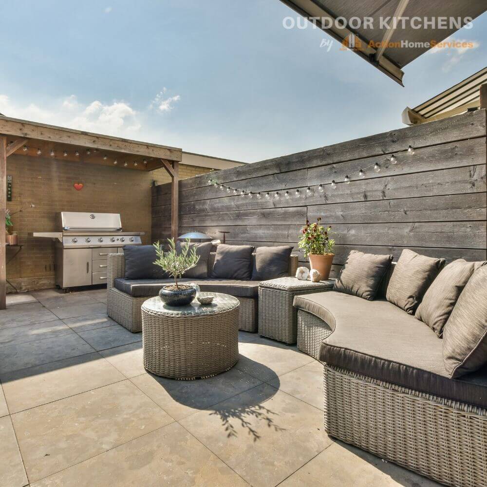Outdoor kitchen with seating areas